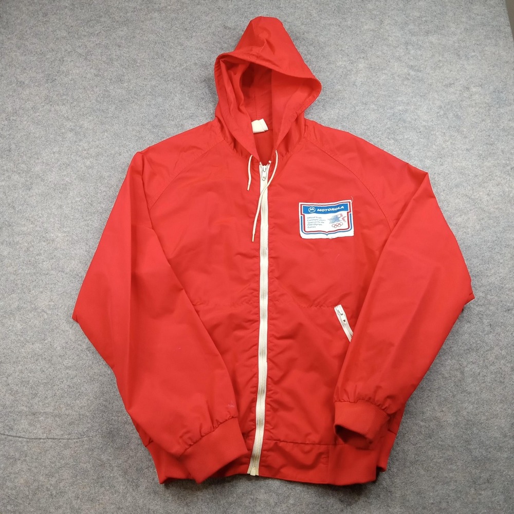 Vintage Motorola Jacket Mens XL Red Hooded Olympic Windbreaker‎ Made USA 90s